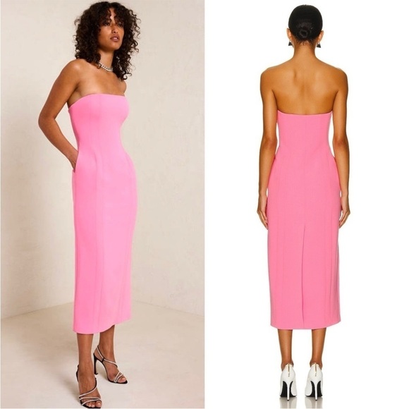 ALC Strapless Bubblegum Pink Crepe Cady Back Slit Fitted Sheath Midi Dress 4 - Picture 6 of 11